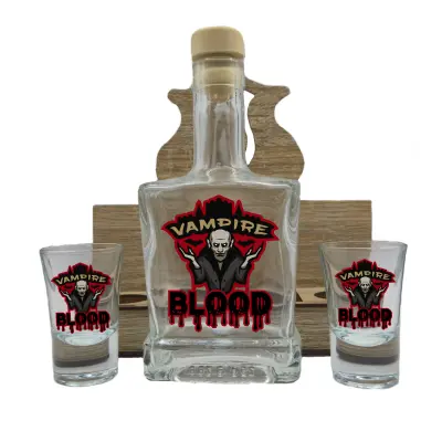 Vampire blood, suport din lemn cu sticla si 2 pahare, model hgs055